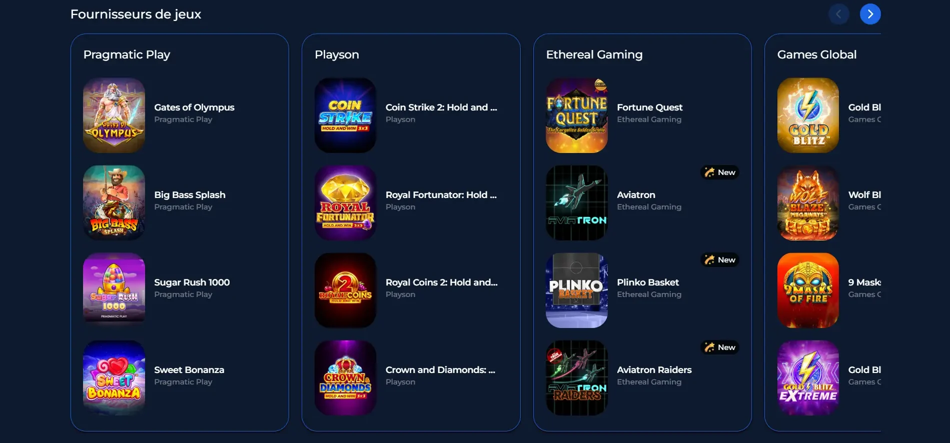 Fournisseurs de jeux du casino Jslotz avec Pragmatic Play Playson et Games Global
