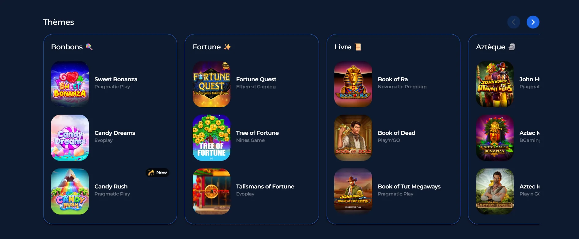 Univers thématiques du casino Jslotz avec plusieurs catégories de jeux
